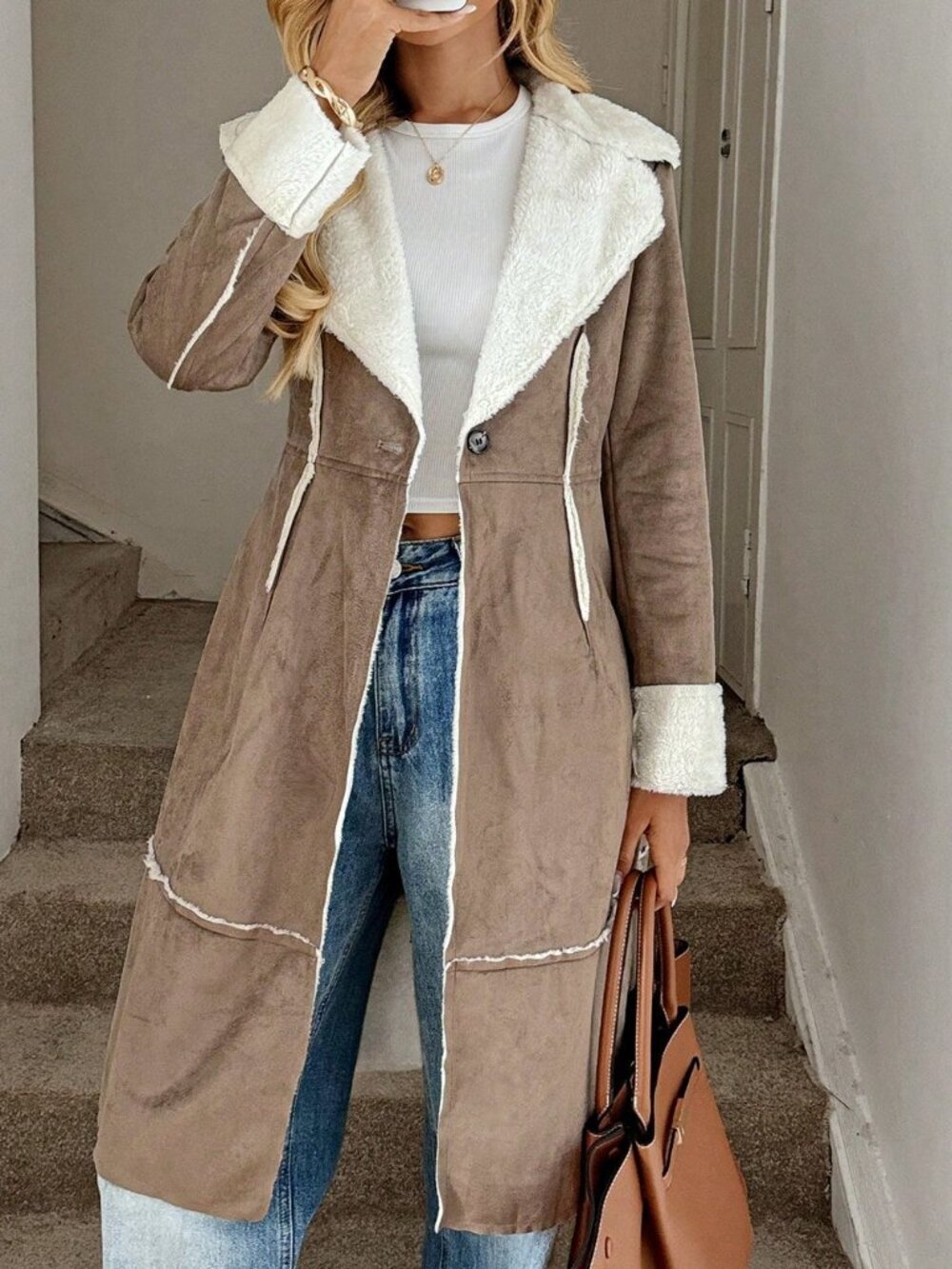 Brown Casual Women's Regular Mid-Length Thermal Lined Jacket - Picture 5 of 6
